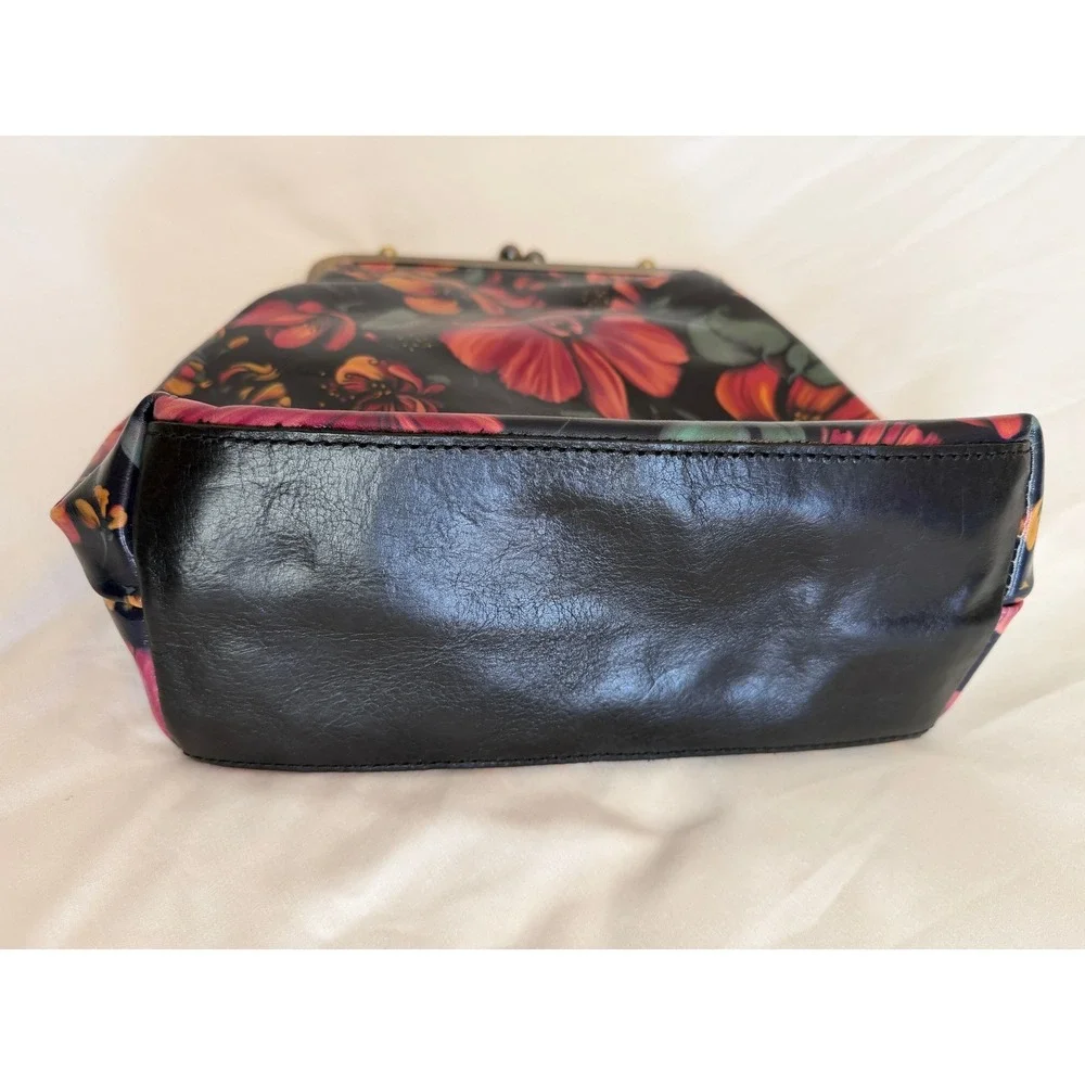 Patricia Nash Floral Leather Frame Satchel Kiss Lock Black Red Brass
